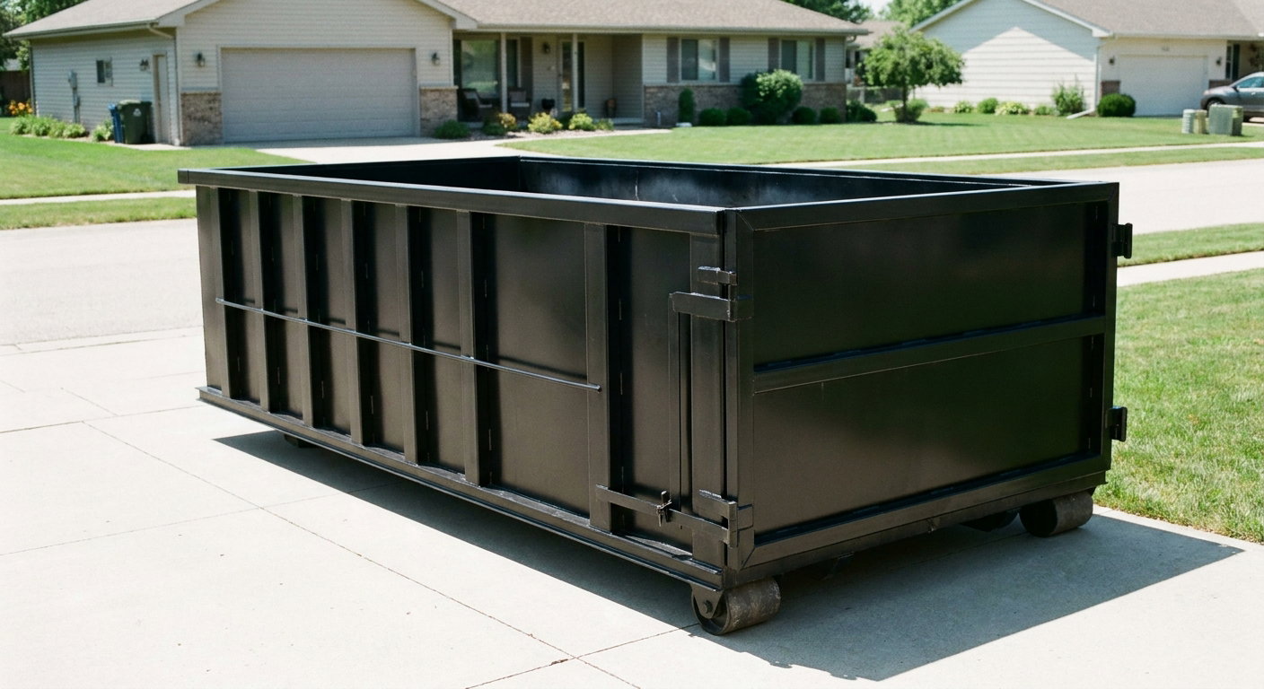 Matte-black 10-yard roll-off dumpster on a residential concrete driveway in Modesto, uniformly painted matte black across every panel and rail, ribbed steel sidewalls and rear swing door visible, mid-day daylight.