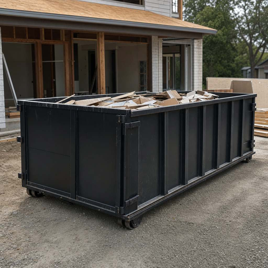 Large matte-black 30-yard construction roll-off dumpster at an active Modesto jobsite, steel-gray top rails and bottom rollers visible, loaded with construction debris.