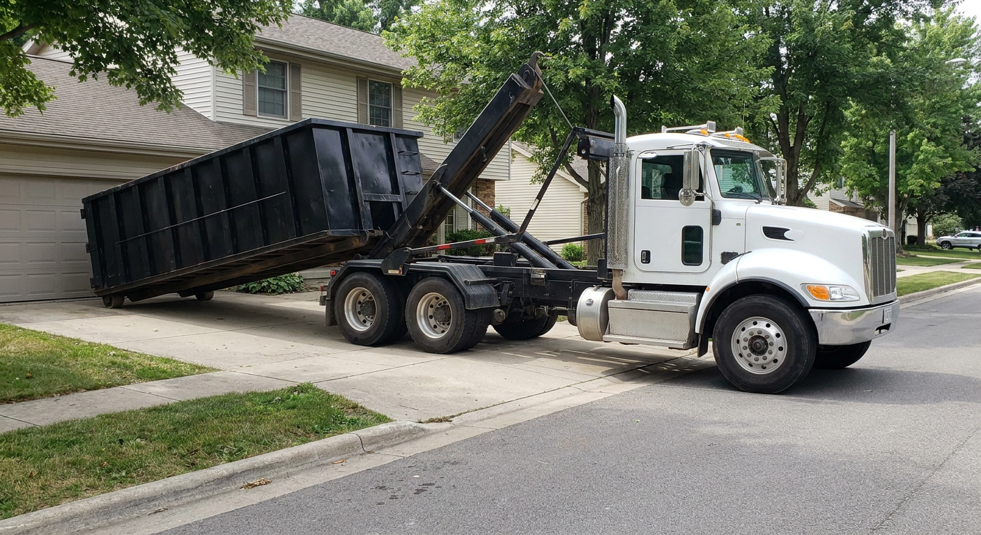 White-cab hooklift roll-off truck actively lowering a matte-black dumpster onto a Modesto residential concrete driveway, the dumpster's rear wheels touching the driveway as the hoist arm tilts the bed forward, mid-morning daylight.